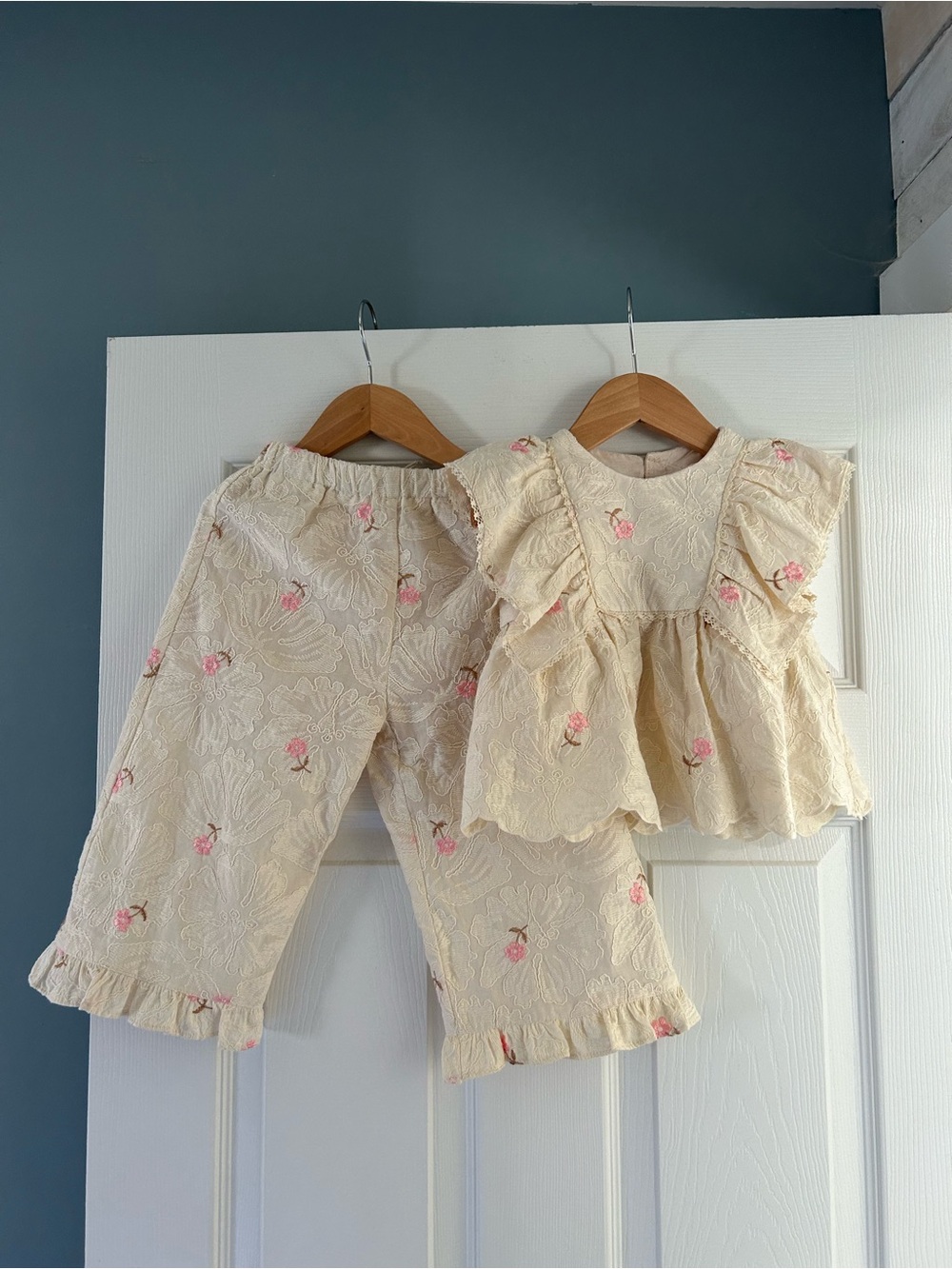 Girls Cream Embroidered Floral Ruffle Top & Pants Set